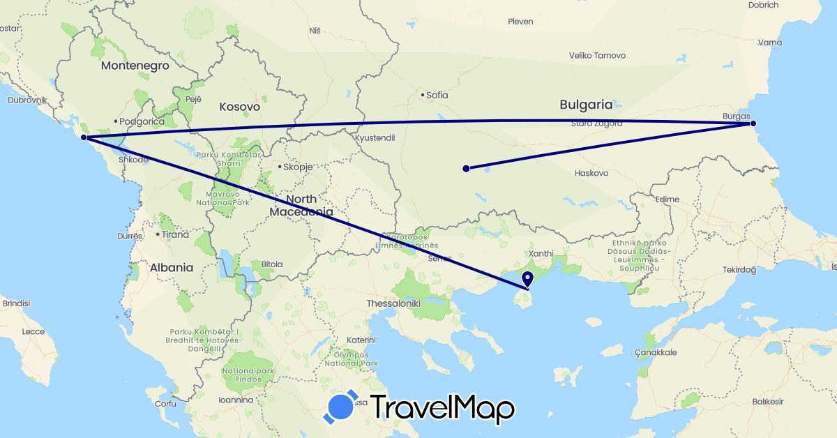 TravelMap itinerary: driving in Bulgaria, Greece, Montenegro (Europe)